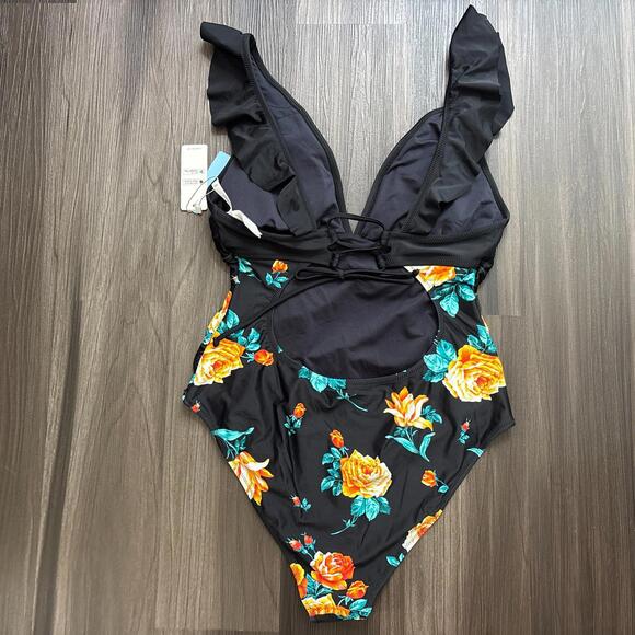 CUPSHE Women's Ruffled Lace Up One Piece Swimsuit Black Floral Size XXL 2XL - Picture 8 of 9
